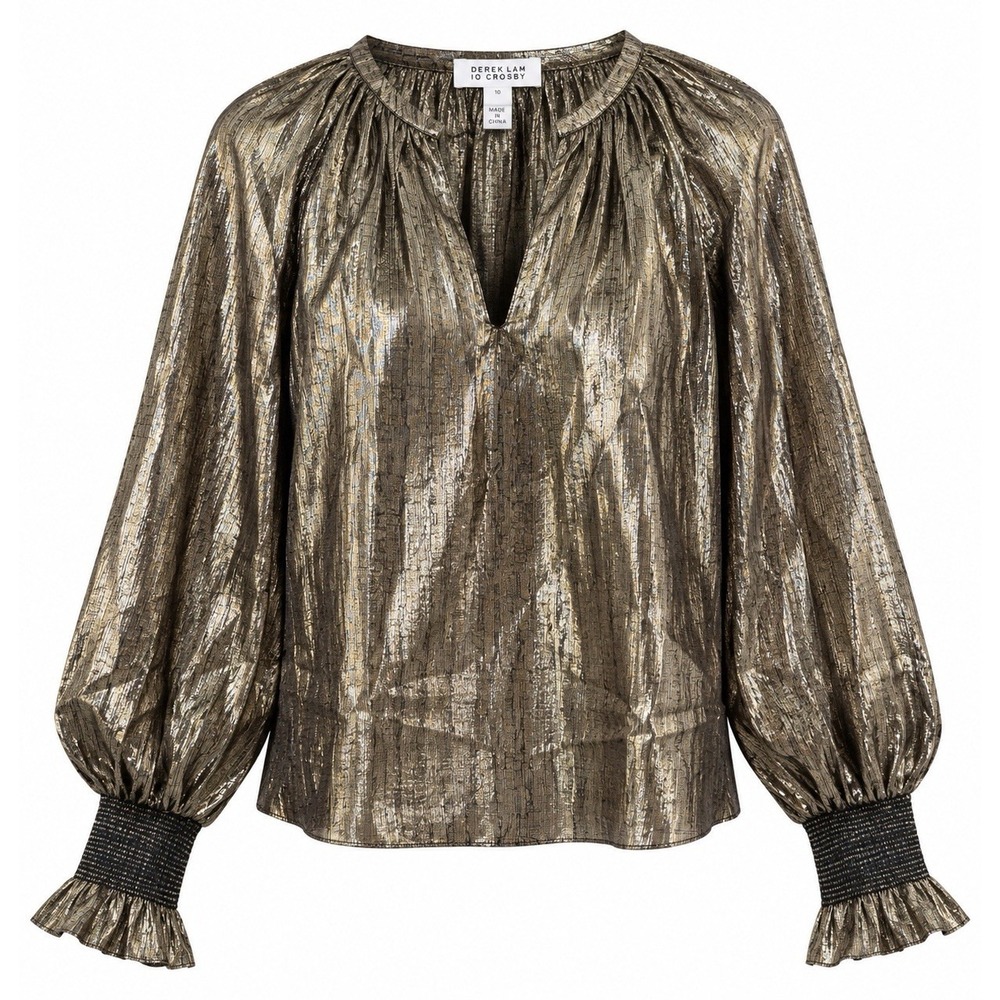 Derek Lam 10 Crosby Blouse Women 10 Gold Metallic Silk Lurex Smocked Cuff